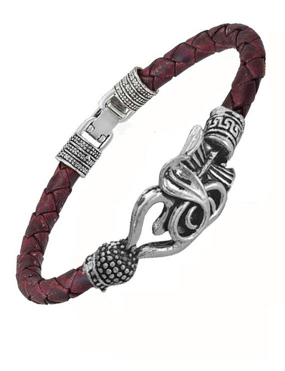 Rhodium Plated Trishul Snake Damroo Leather Bracelet For Mens